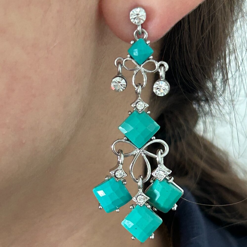 Silver tone Turquoise and Rhinestones Dangle Earring